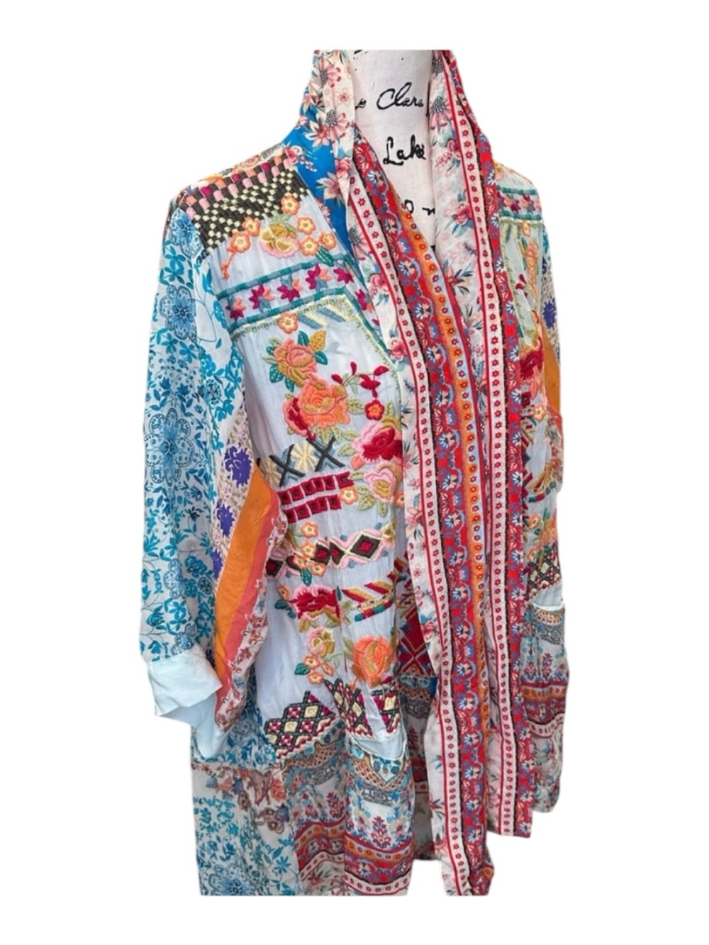 Johnny Was Betimo Embroidered Silk Kimono Duster Cardigan Boho Floral
